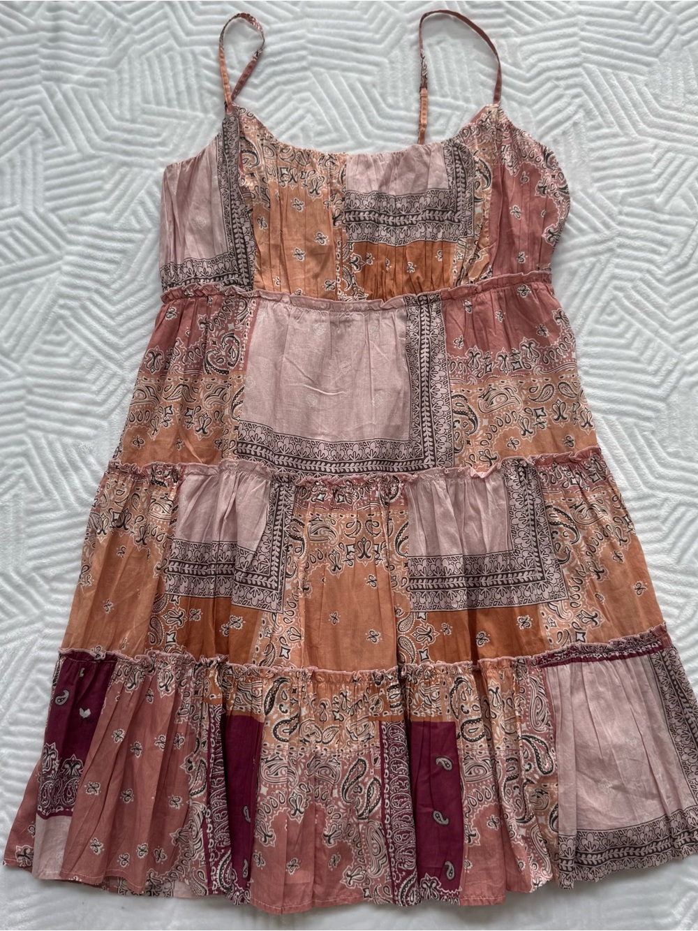 NWT Lucky Brand Size L Tiered Mini Dress pink patchwork boho Y2K cottagecore